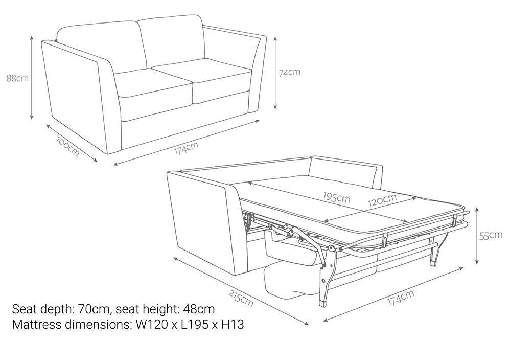 Jay-Be Elegance 2 Seater Sofa Bed with Deep e-Sprung™ Mattress Dimensions-Better Bed Company