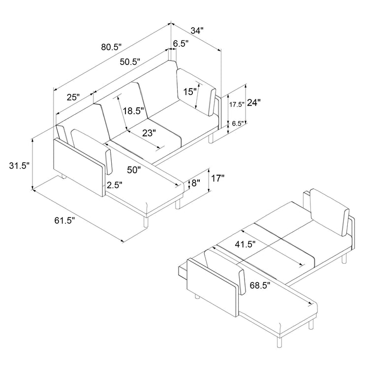 Dorel Home Clair Sprung Seat Sectional Sofa Bed Full Dimensions-Better Bed Company