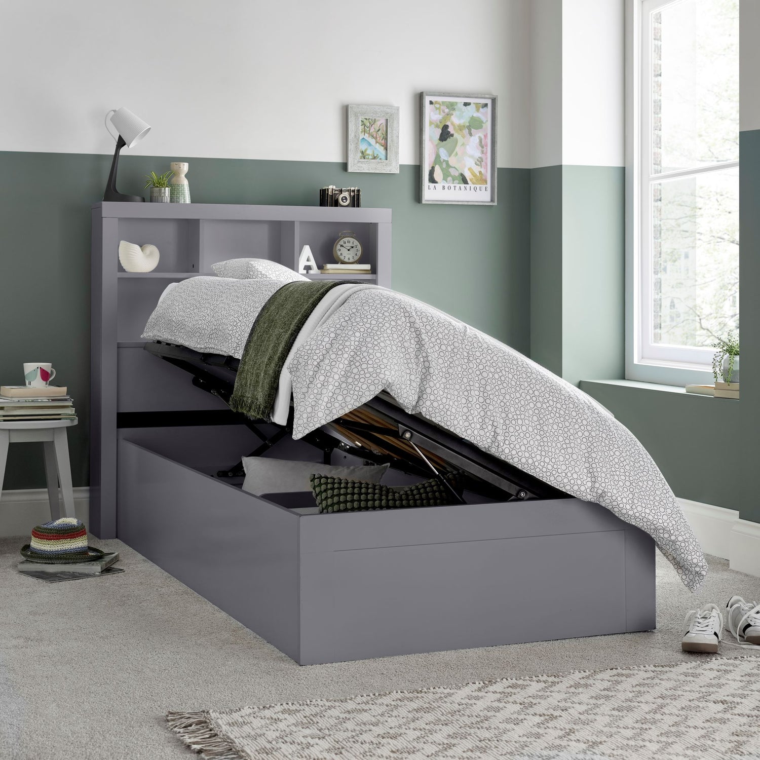 Bedmaster Oscar Ottoman Bed Grey Side Lift Open-Better Bed Company