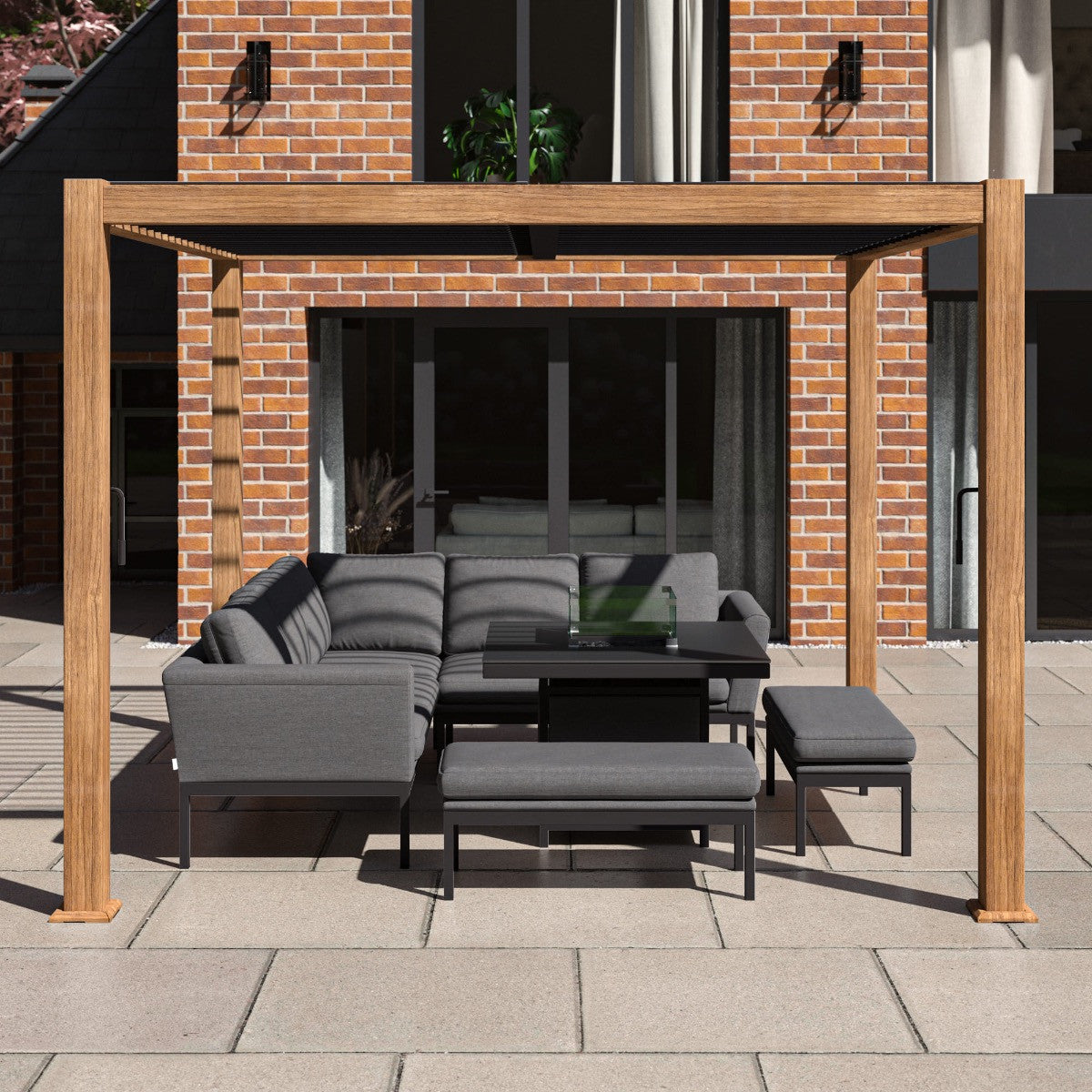 Maze Como Pergola Aluminium Square 3Mx3M / Wood Effect Frame From Front-Better Bed Company