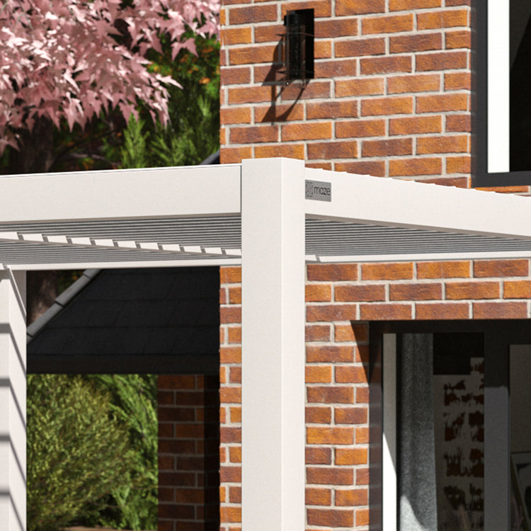 Maze Como Pergola Aluminium Square 30x30 Frame Only White Maze Badge Close Up-Better Bed Company