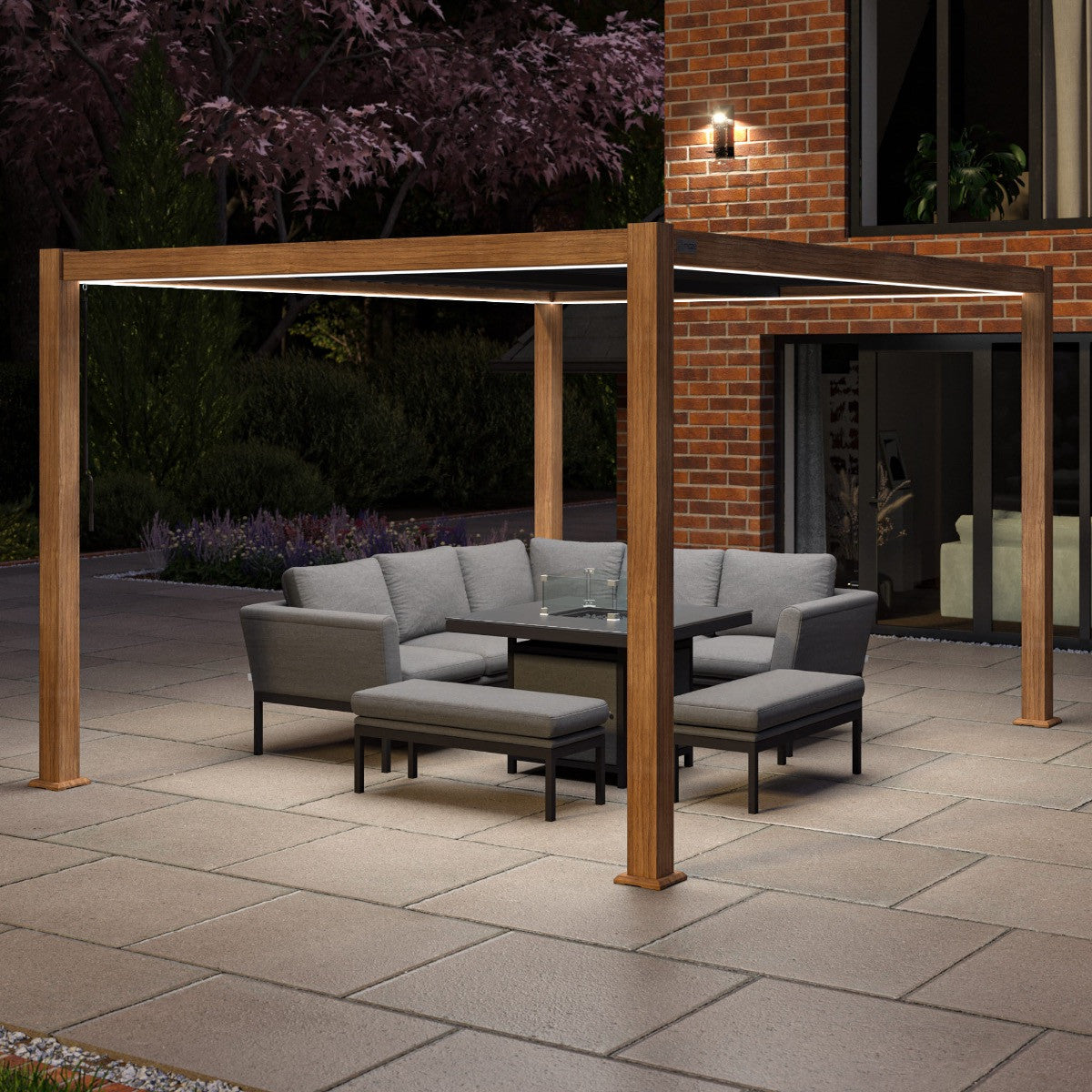 Maze Como Pergola Aluminium Rectangular 30x40 / Wood Effect Frame Lights On-Better Bed Company