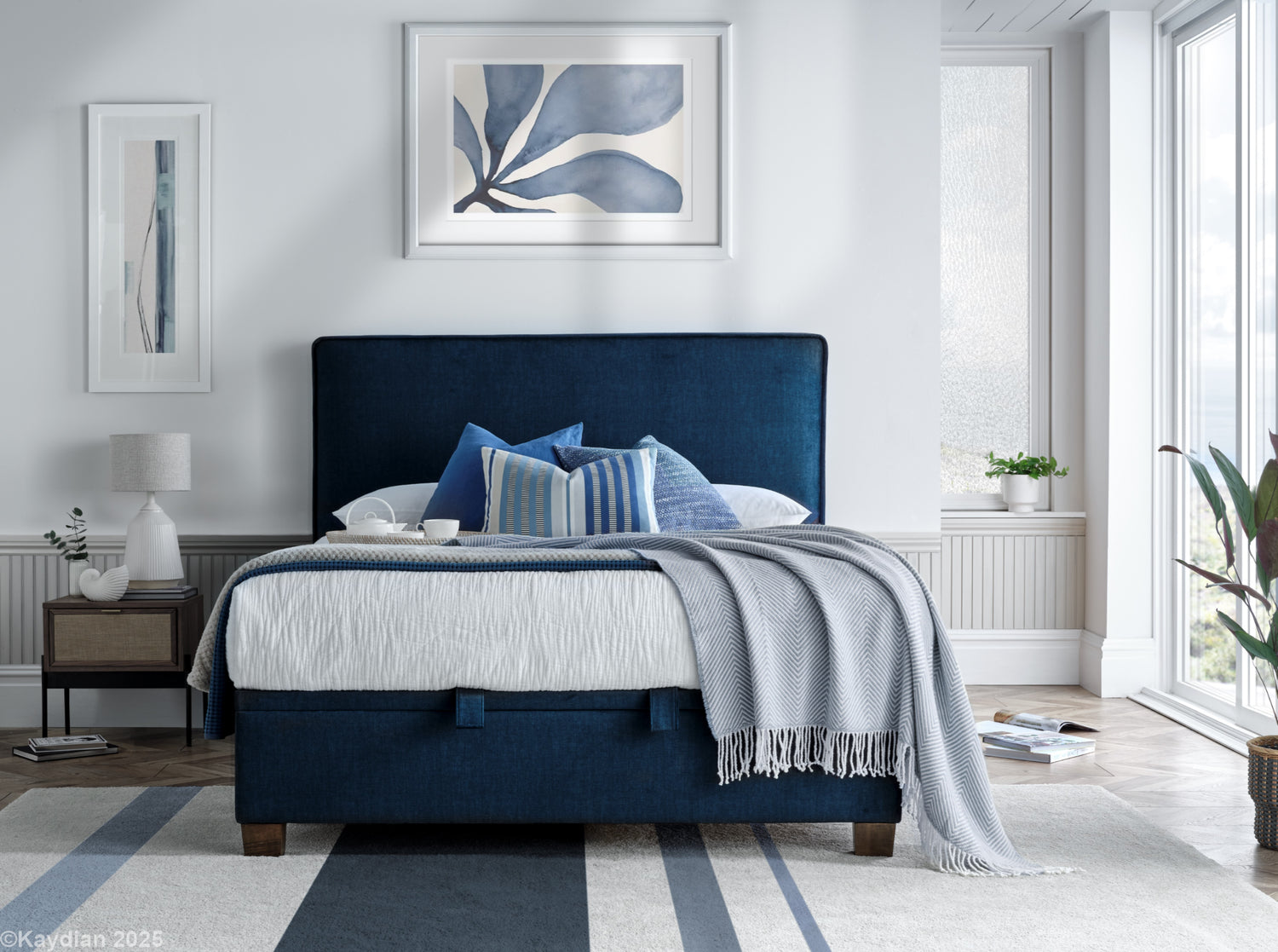 Kaydian Newton Deep Blue Ocean Ottoman Bed Lifestyle-Better Bed Company