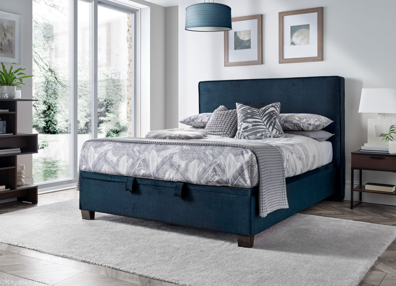 Kaydian Newton Deep Blue Ocean Ottoman Bed Side View-Better Bed Company