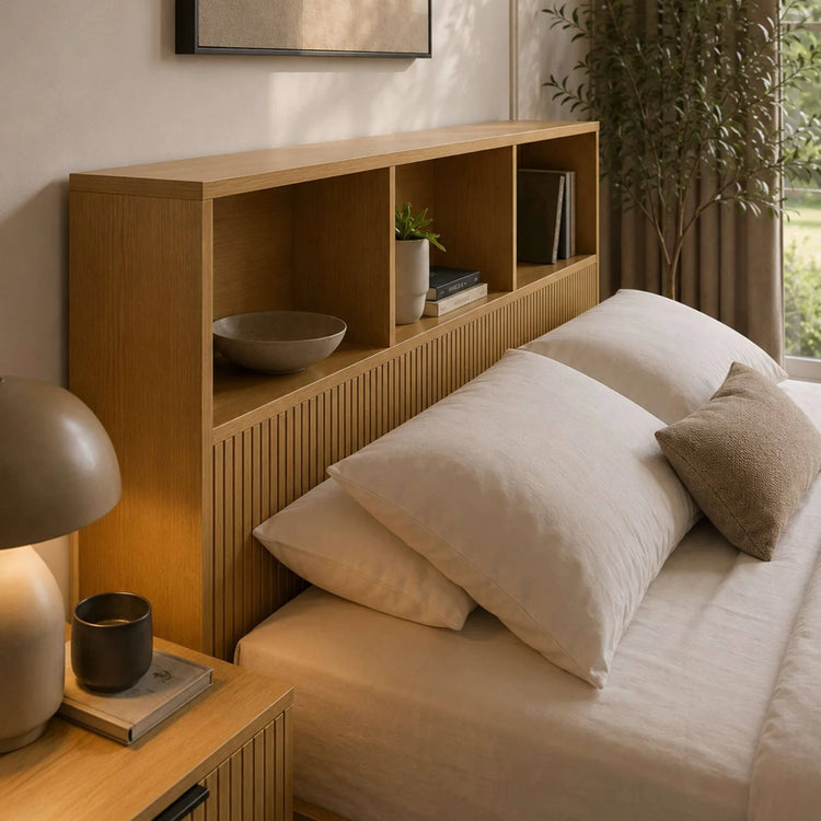 Julian Bowen Sia Bookcase Headboard Bed Shelving Close Up-Better Bed Company