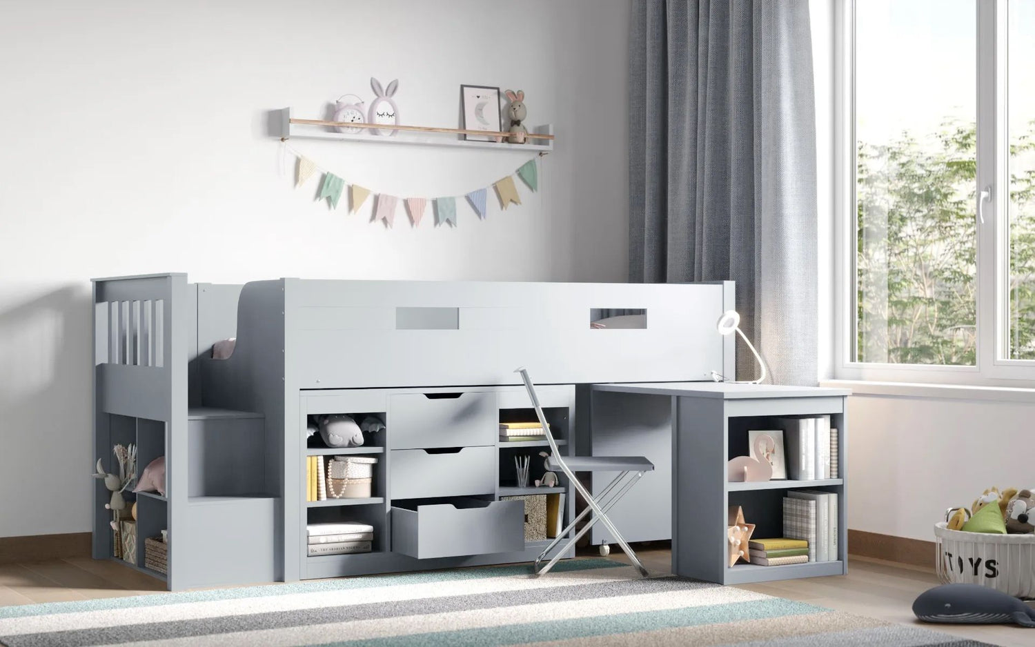 Kids Bunk Beds Charlie Wooden Mid Sleeper Set With Storage And Desk Grey Desk Out-Better Bed Company
