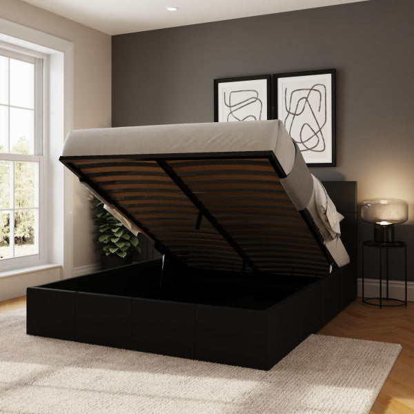 GFW End Lift Leather Ottoman Bed Black Open-Better Bed Company