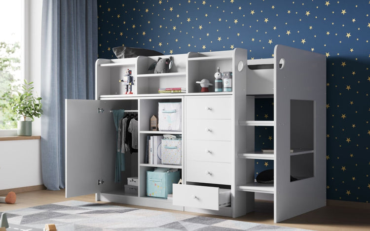 Kids Bunk Beds Clara Wooden High Sleeper Storage Bed White With Storage Open-Better Bed Company
