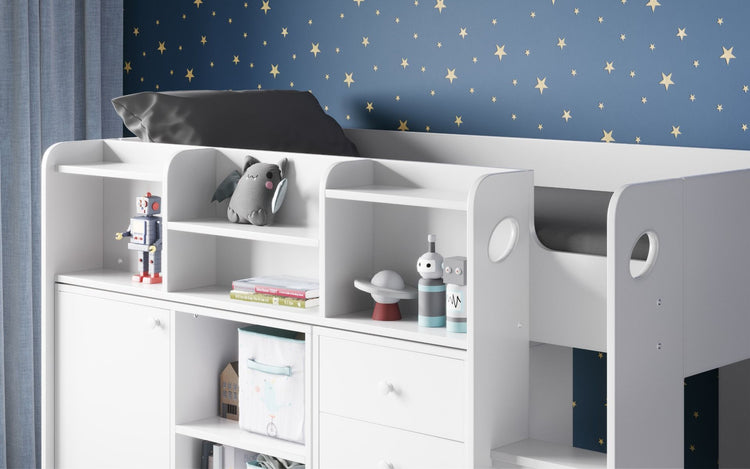 Kids Bunk Beds Clara Wooden High Sleeper Storage Bed White Shelf Close Up-Better Bed Company