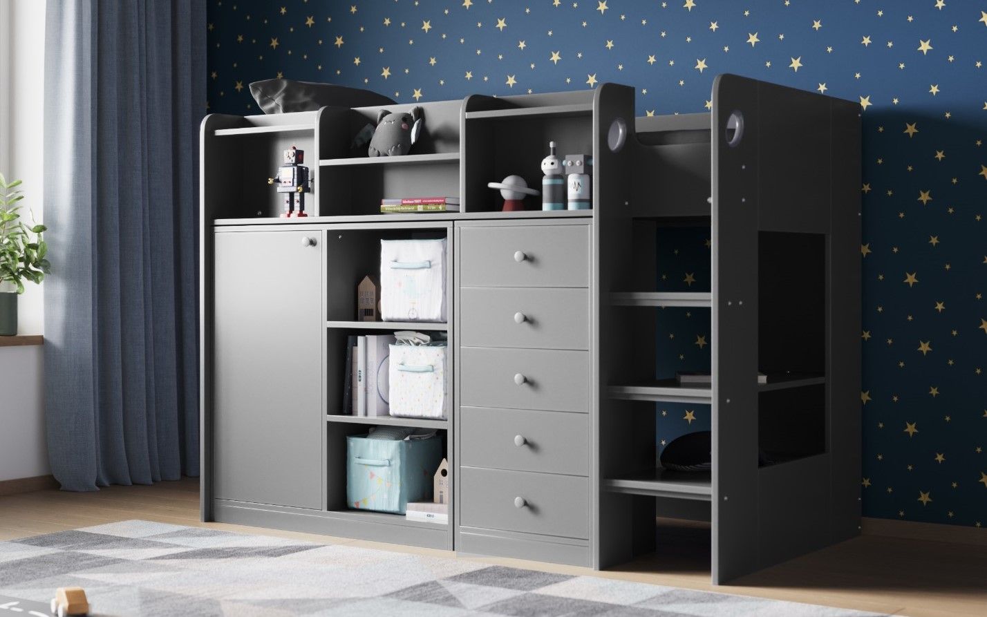 Kids Bunk Beds Clara Wooden High Sleeper Storage Bed Grey From Side-Better Bed Company