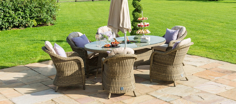 Maze Winchester 6 Seat Oval Ice Bucket Dining Set With Heritage Chairs And Lazy Susan