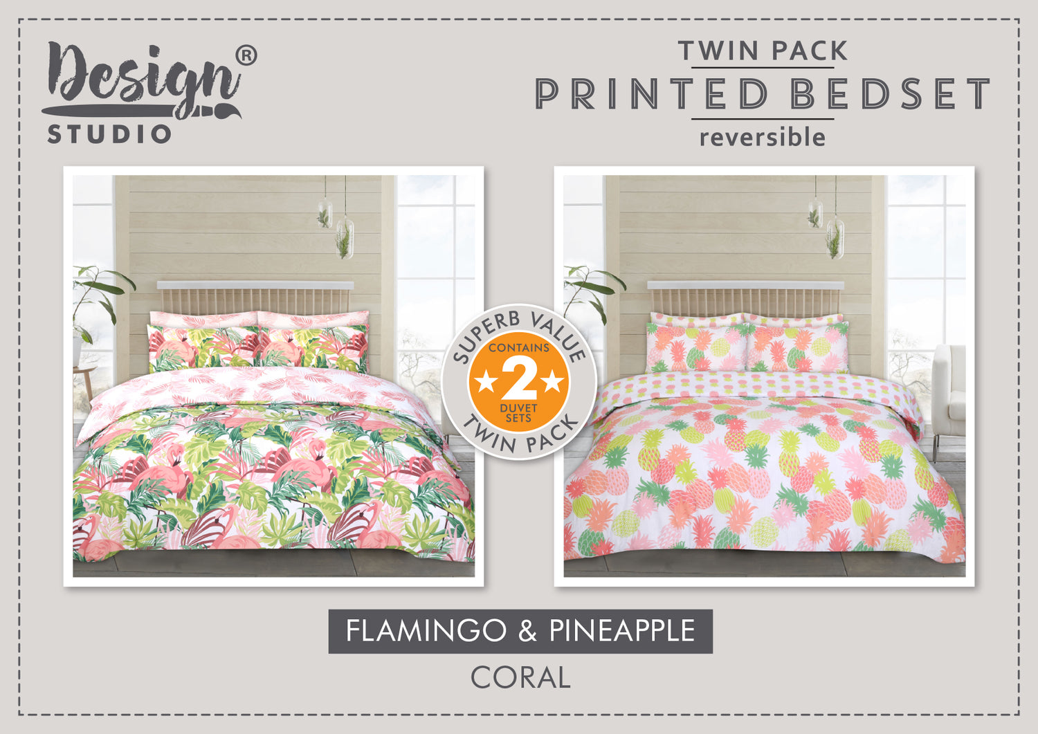 Design Studio Twin Pack Flamingo/Pineapple Duvet Set-Better Bed Company 
