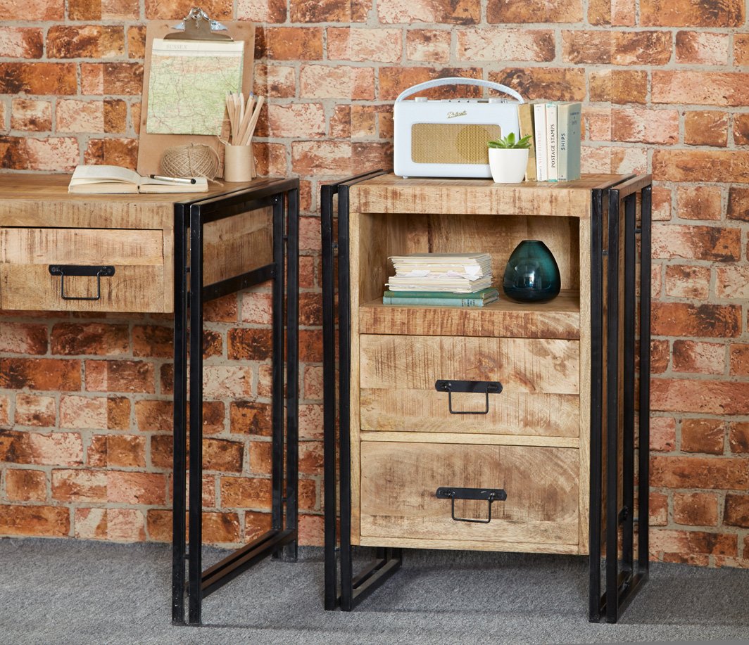 Indian Hub Cosmo Industrial 2 Drawer Side Table
