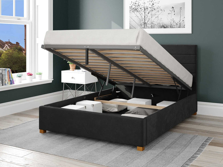 Better London Velvet Black Ottoman Bed Open-Better Bed Company 