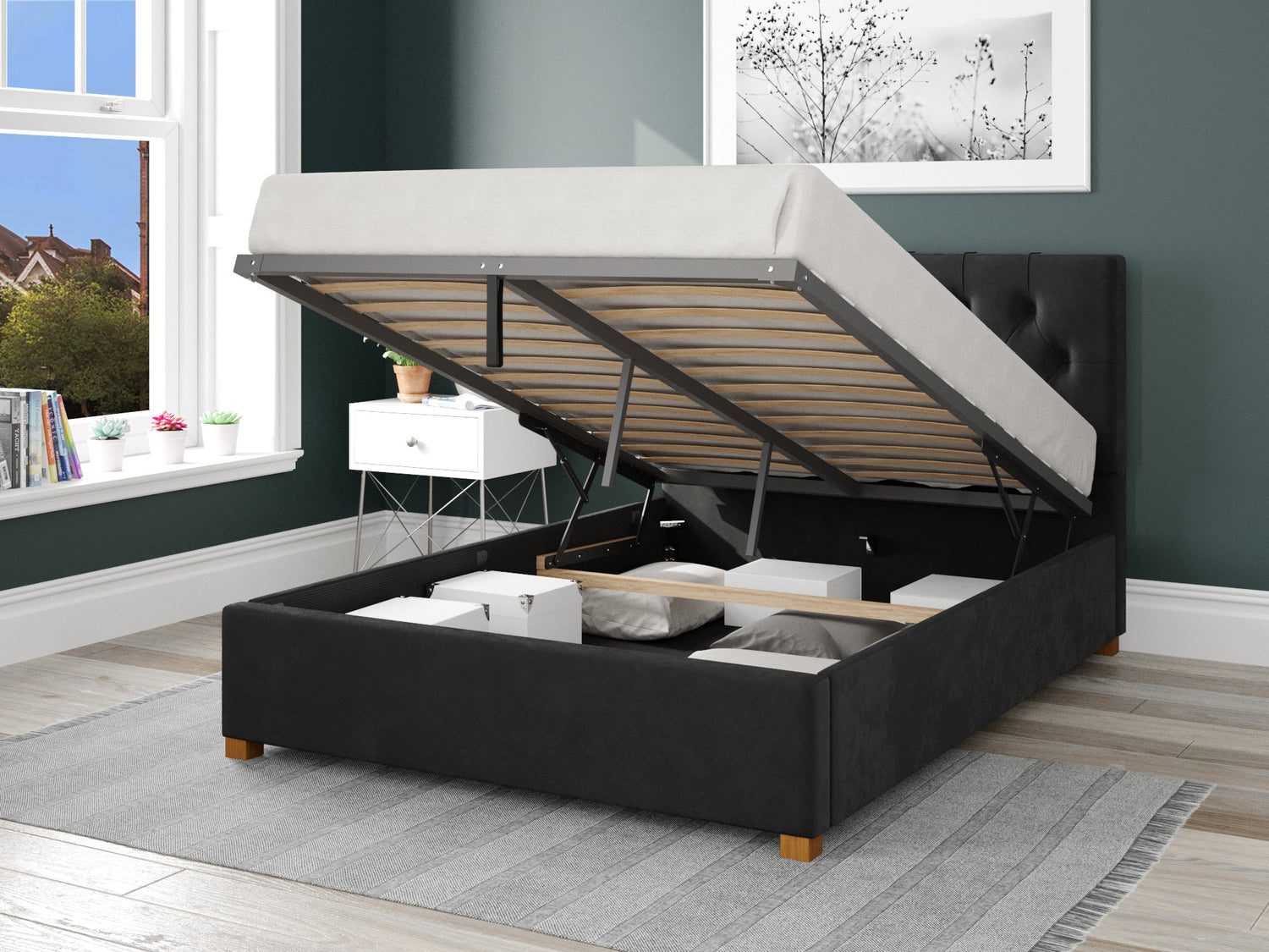 Better Portsmouth Velvet Black Ottoman Bed Open-Better Bed Company 