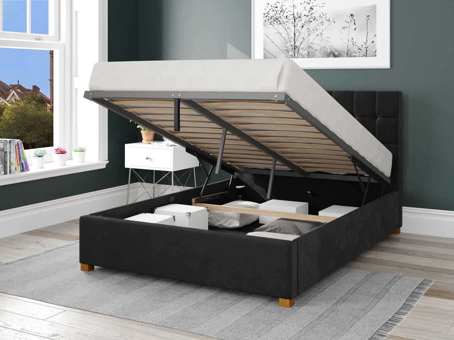 Better Cheshire Velvet Black Ottoman Bed Open-Better Bed Company 