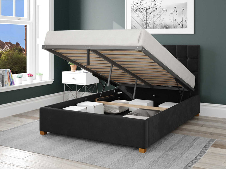 Better Cheshire Velvet Black Ottoman Bed Open-Better Bed Company 