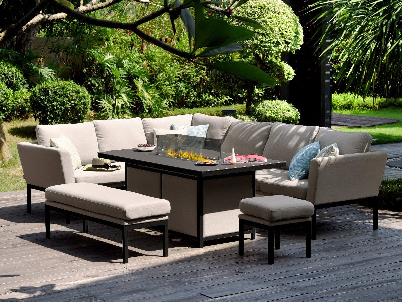 Maze Rattan Pulse Rectangular Corner Dining Set With Fire Pit