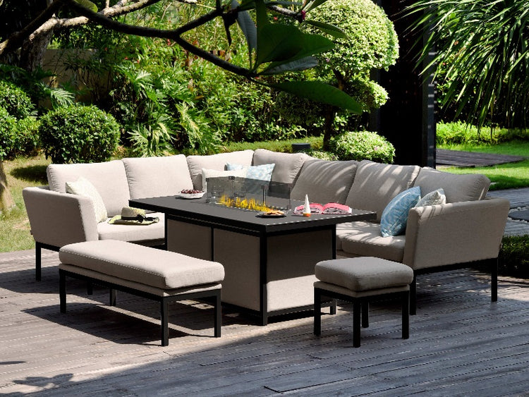 Maze Rattan Pulse Rectangular Corner Dining Set With Fire Pit