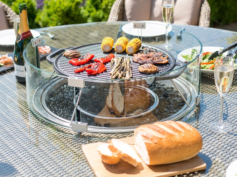 Maze Rattan Winchester 8 Seat Round Fire Pit Dining Set with Heritage Chairs and Lazy Susan
